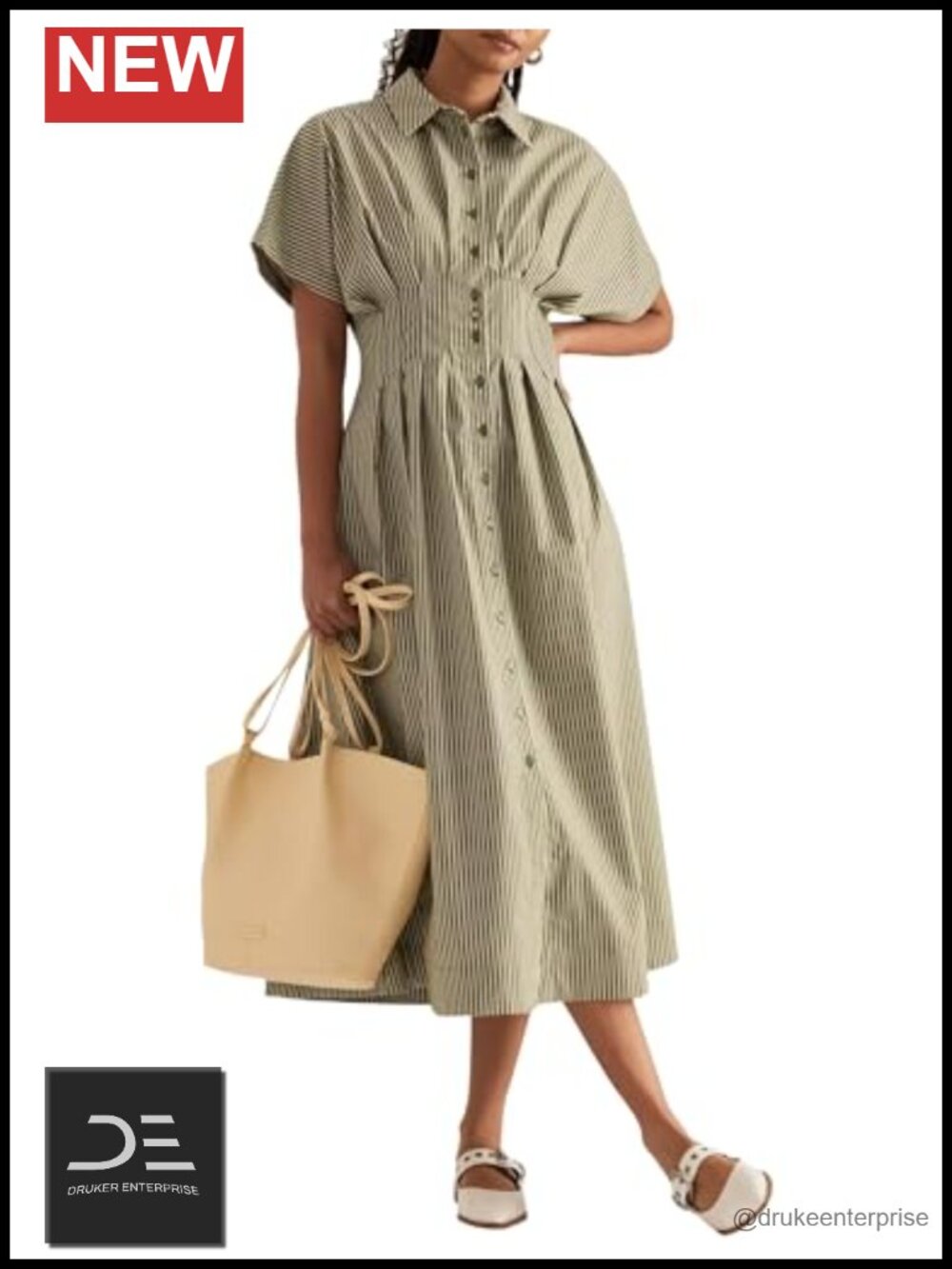 Women Striped Button Front Pleated Maxi Shirt Dress Summer Outfit